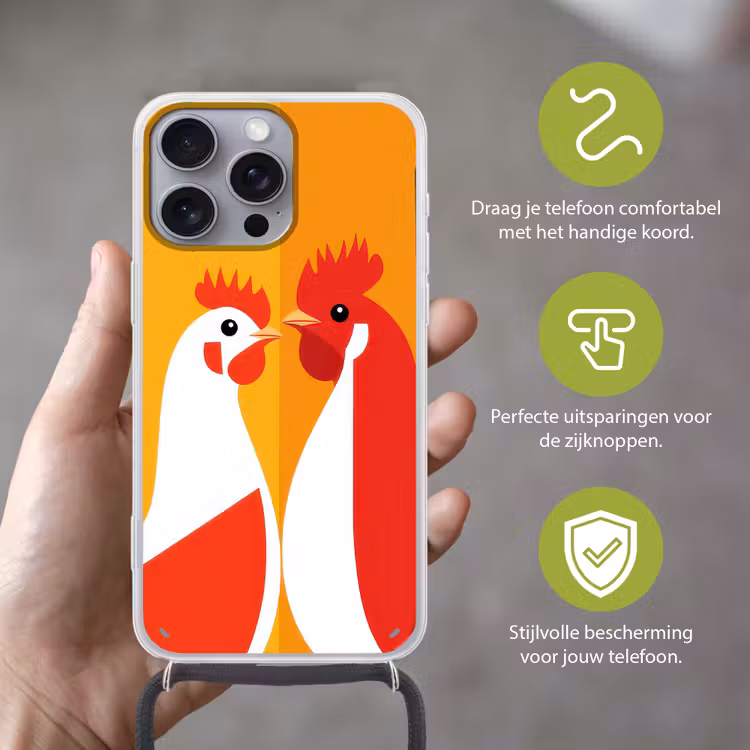 Kippen - Oranje - Vlakken Hoesje iPhone 16 Pro Max met koord klein -sfeer2_NL