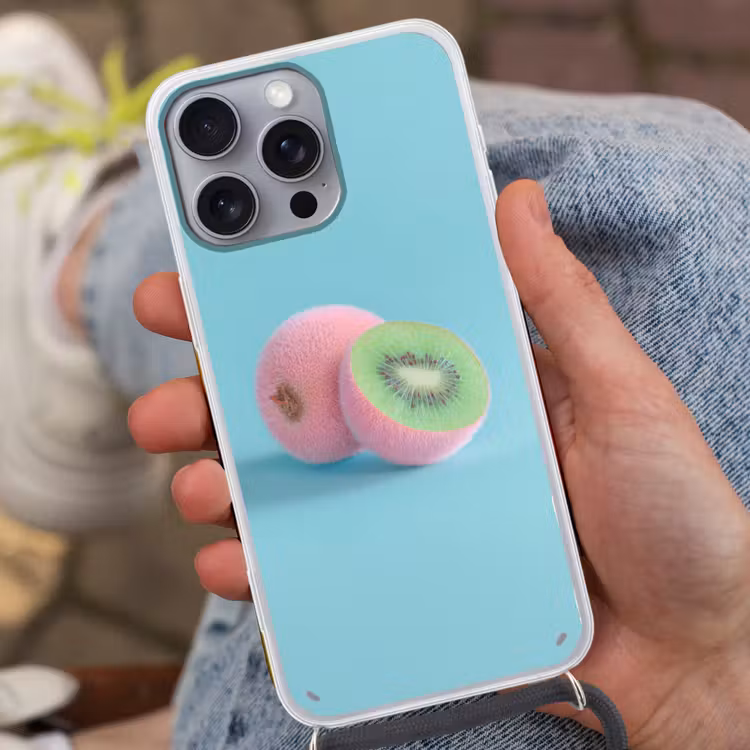 Kiwi - Blauw - Surrealistisch Hoesje iPhone 16 Pro Max met koord klein -sfeer3