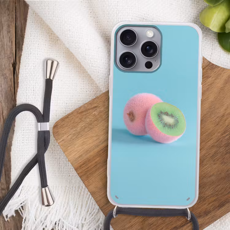Kiwi - Blauw - Surrealistisch Hoesje iPhone 16 Pro Max met koord klein -sfeer4