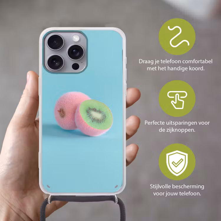 Kiwi - Blauw - Surrealistisch Hoesje iPhone 16 Pro Max met koord klein -sfeer2_NL