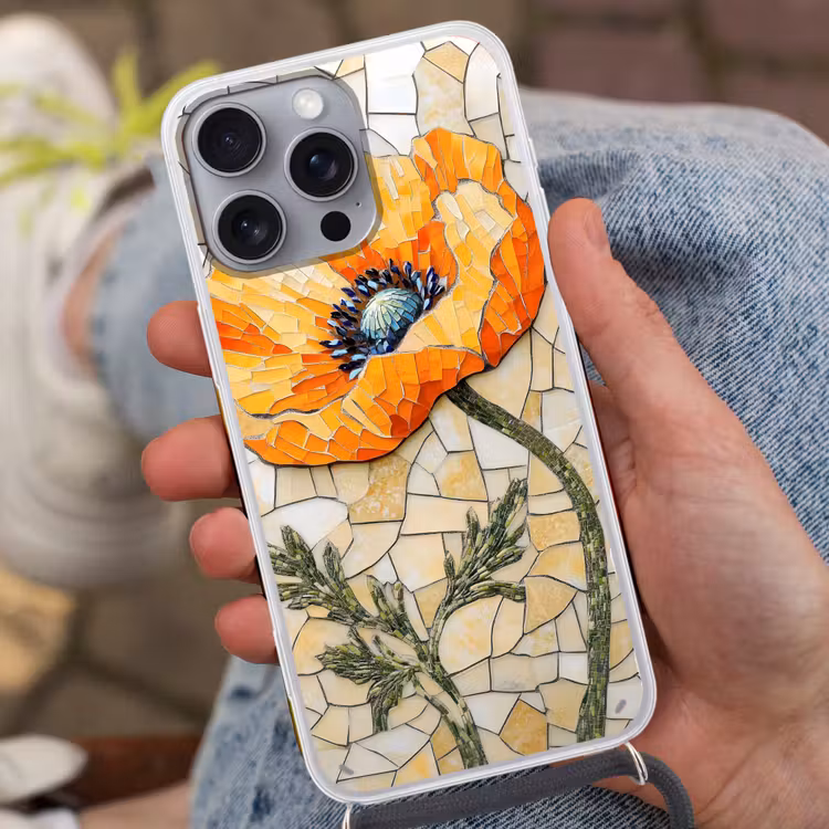 Klaprozen - Oranje - Mozaïek - Bladeren Hoesje iPhone 16 Pro Max met koord klein -sfeer3