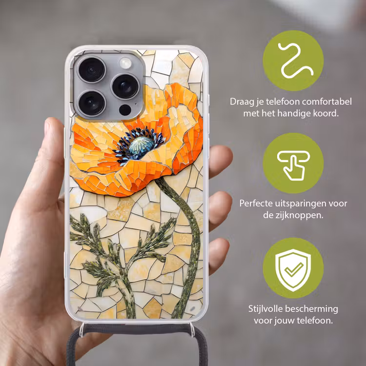 Klaprozen - Oranje - Mozaïek - Bladeren Hoesje iPhone 16 Pro Max met koord klein -sfeer2_NL