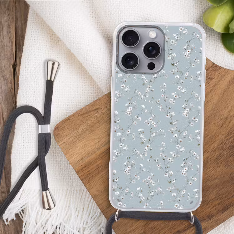 Klassiek - Bloemen - Blauw Hoesje iPhone 16 Pro Max met koord klein 804 -sfeer4