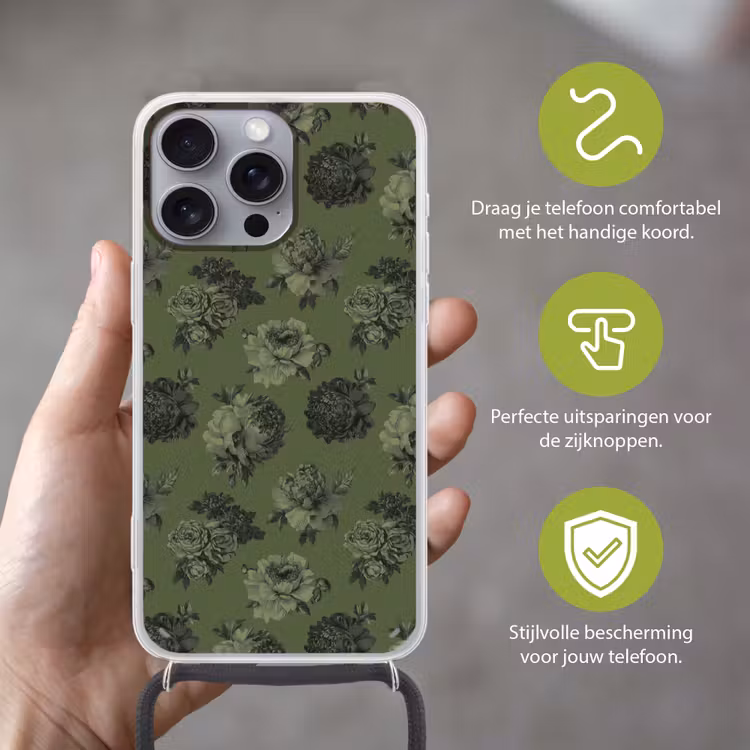 Klassiek - botanisch - olijfgroen - bloemen Hoesje iPhone 16 Pro Max met koord klein 804 -sfeer2_NL