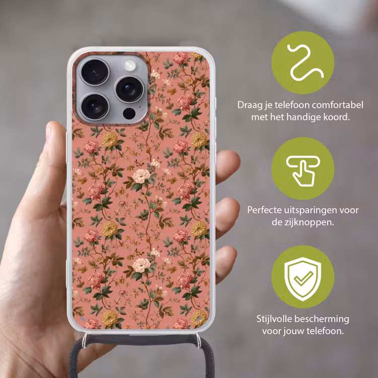 Klassiek - Botanisch - Roze Hoesje iPhone 16 Pro Max met koord klein 804 -sfeer2_NL