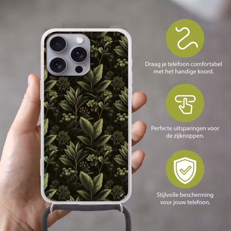 Klassiek - Donker - Botanisch - Planten Hoesje iPhone 16 Pro Max met koord klein 804 -sfeer2_NL