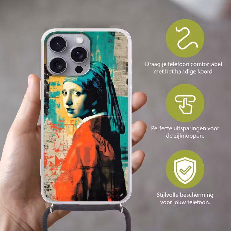 Klassiek - Pareloorbel - Streetartstijl - Kleurrijk Hoesje iPhone 16 Pro Max met koord klein -sfeer2_NL