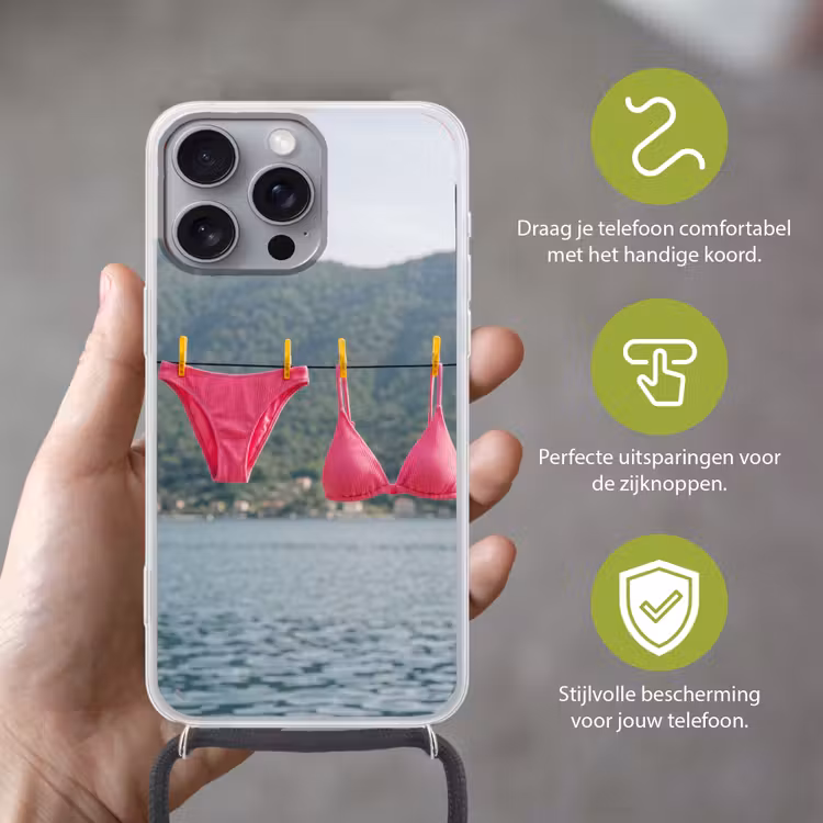 Kleding - Badkleding - Waslijn - Zomer - Roze Hoesje iPhone 16 Pro Max met koord klein -sfeer2_NL