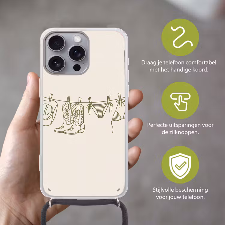Kleding - Waslijn - Zomer - Lijntekening - Groen Hoesje iPhone 16 Pro Max met koord klein -sfeer2_NL