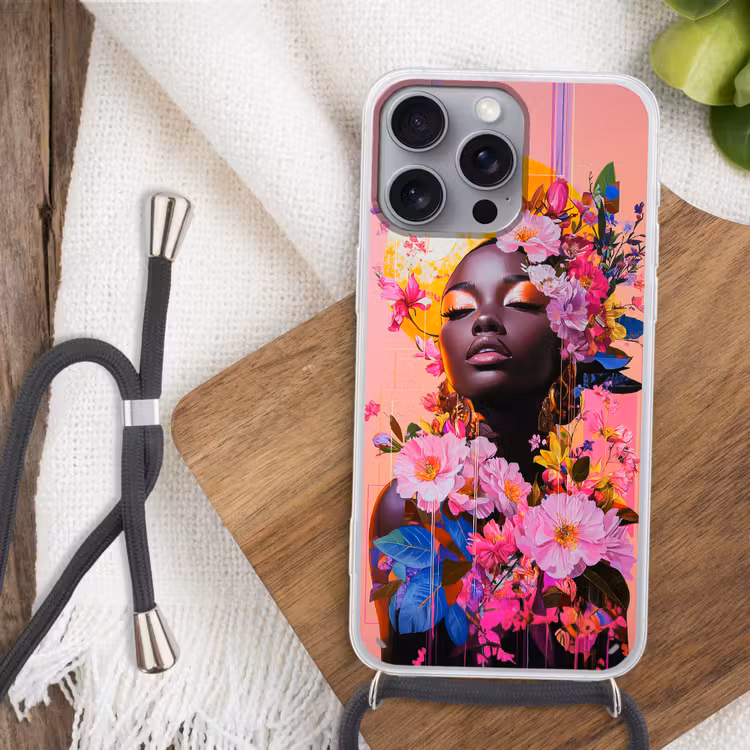 Kleurrijk - Bloemen - Vrouw - Zon Hoesje iPhone 16 Pro Max met koord klein -sfeer4