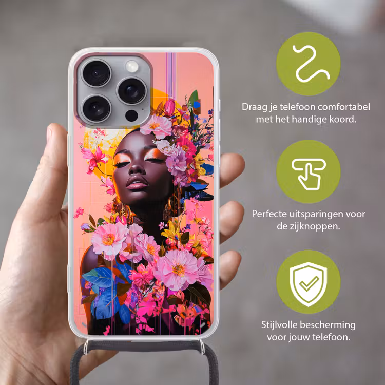 Kleurrijk - Bloemen - Vrouw - Zon Hoesje iPhone 16 Pro Max met koord klein -sfeer2_NL
