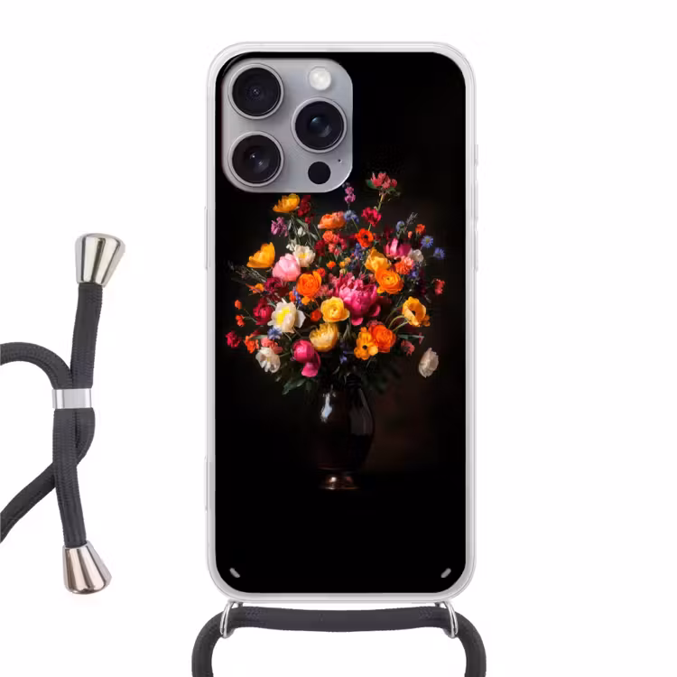 Kleurrijk - Boeket - Vaas - Donkerbruin Hoesje iPhone 16 Pro Max met koord klein -3d