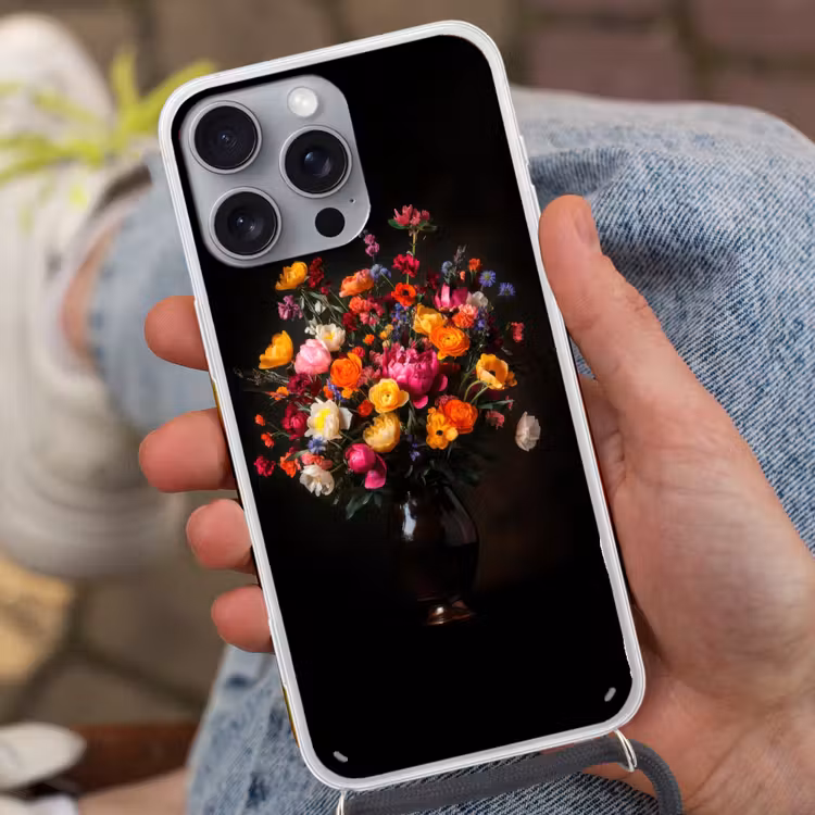 Kleurrijk - Boeket - Vaas - Donkerbruin Hoesje iPhone 16 Pro Max met koord klein -sfeer3