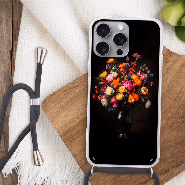 Kleurrijk - Boeket - Vaas - Donkerbruin Hoesje iPhone 16 Pro Max met koord klein -sfeer4