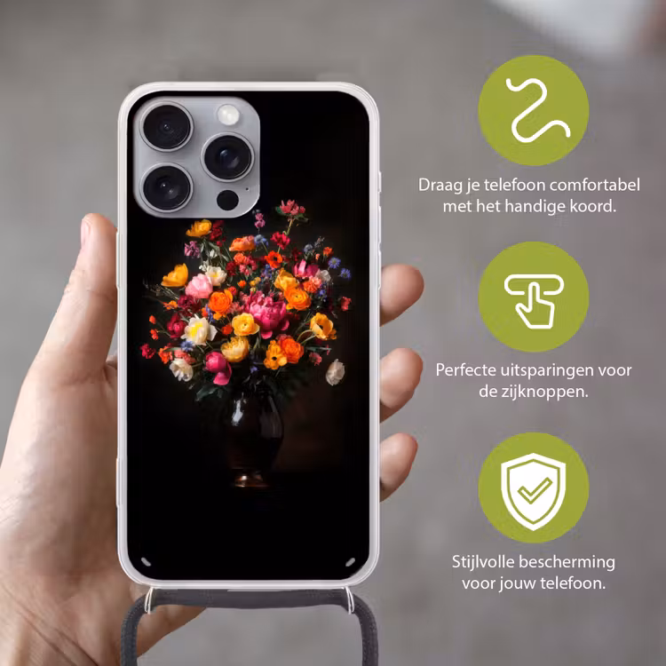 Kleurrijk - Boeket - Vaas - Donkerbruin Hoesje iPhone 16 Pro Max met koord klein -sfeer2_NL