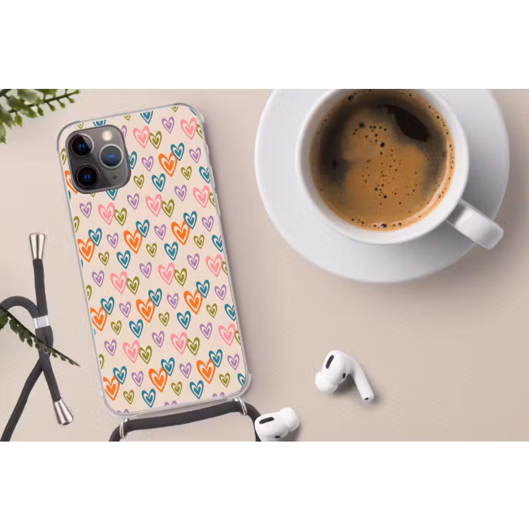Kleurrijk - Hartjes - Patroon - Beige Hoesje iPhone 12 Pro met koord klein 509 -oordop