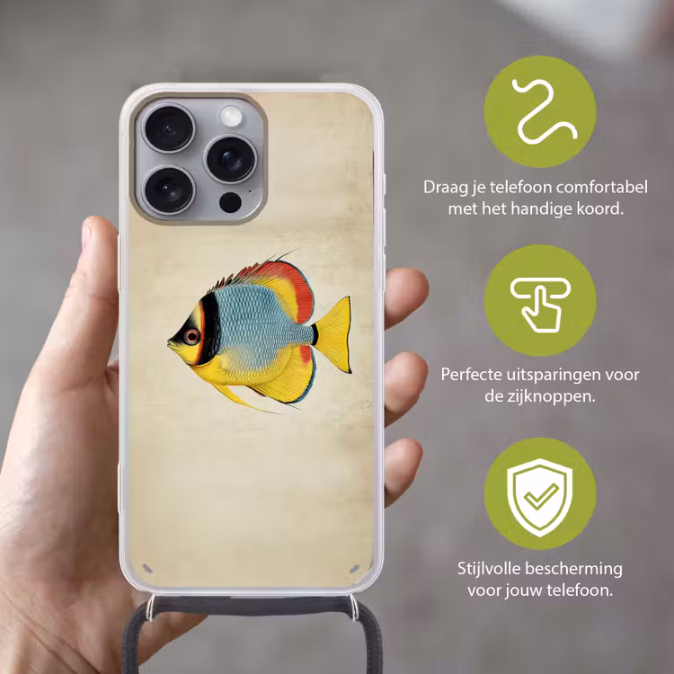 Kleurrijk - Vis - Schubben - Illustratie Hoesje iPhone 16 Pro Max met koord klein -sfeer2_NL