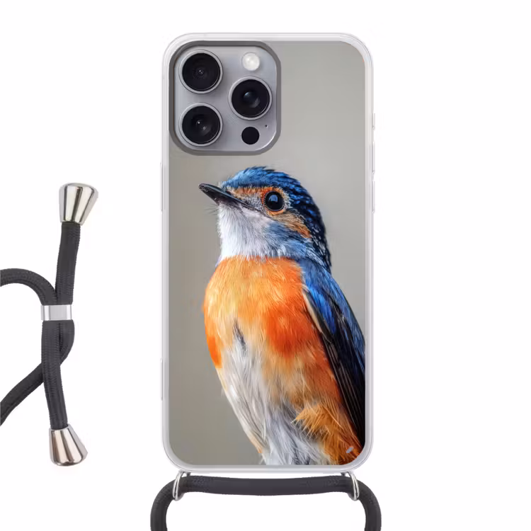 Kleurrijk - Vogeltje - Veren - Blauw Hoesje iPhone 16 Pro Max met koord klein -3d
