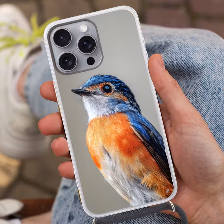 Kleurrijk - Vogeltje - Veren - Blauw Hoesje iPhone 16 Pro Max met koord klein -sfeer3