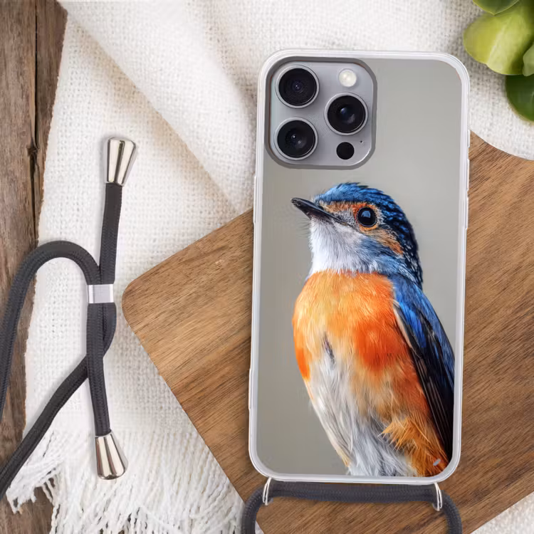 Kleurrijk - Vogeltje - Veren - Blauw Hoesje iPhone 16 Pro Max met koord klein -sfeer4