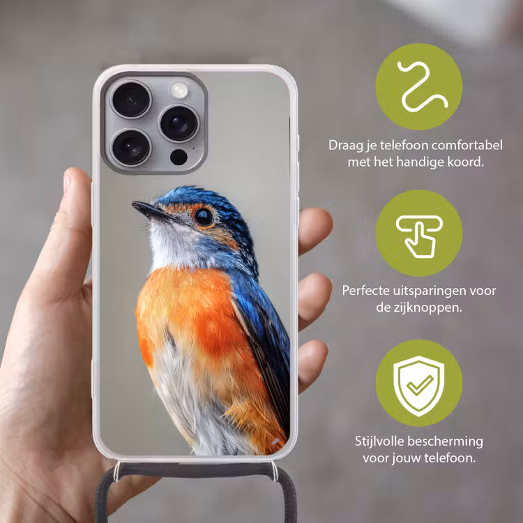 Kleurrijk - Vogeltje - Veren - Blauw Hoesje iPhone 16 Pro Max met koord klein -sfeer2_NL