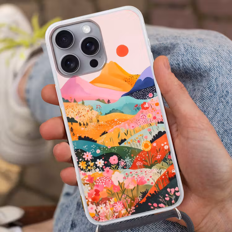 Kleurrijke bloemen - Bergen - Fantasielandschap Hoesje iPhone 16 Pro Max met koord klein -sfeer3