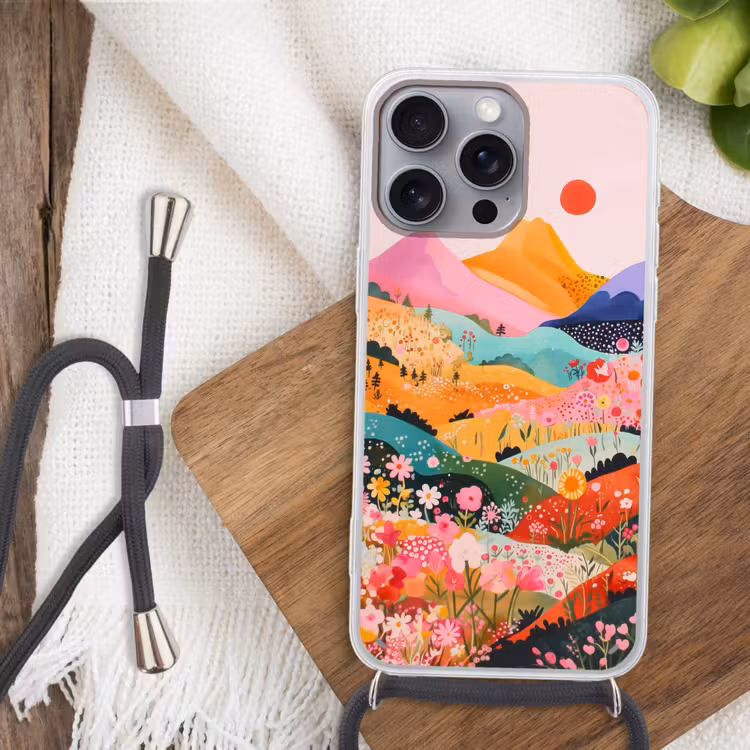 Kleurrijke bloemen - Bergen - Fantasielandschap Hoesje iPhone 16 Pro Max met koord klein -sfeer4