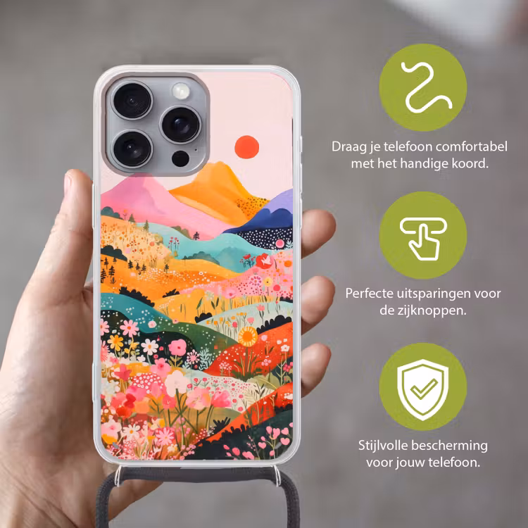 Kleurrijke bloemen - Bergen - Fantasielandschap Hoesje iPhone 16 Pro Max met koord klein -sfeer2_NL