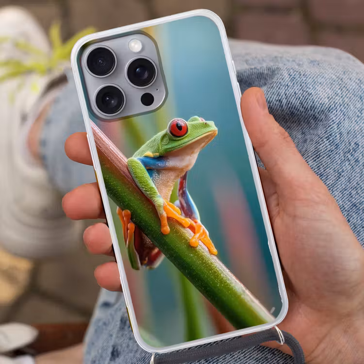 Kleurrijke kikker - Groene stengel - Alert Hoesje iPhone 16 Pro Max met koord klein -sfeer3