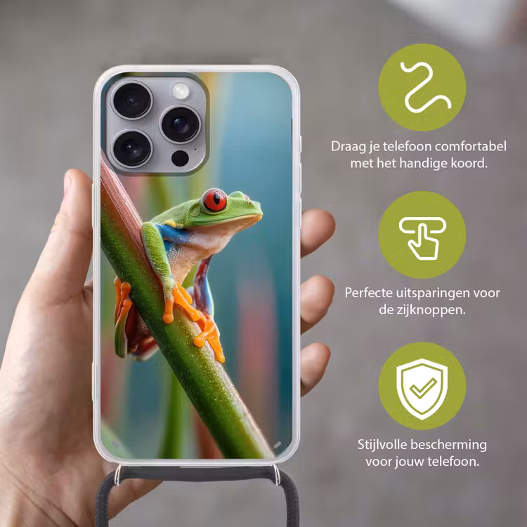 Kleurrijke kikker - Groene stengel - Alert Hoesje iPhone 16 Pro Max met koord klein -sfeer2_NL