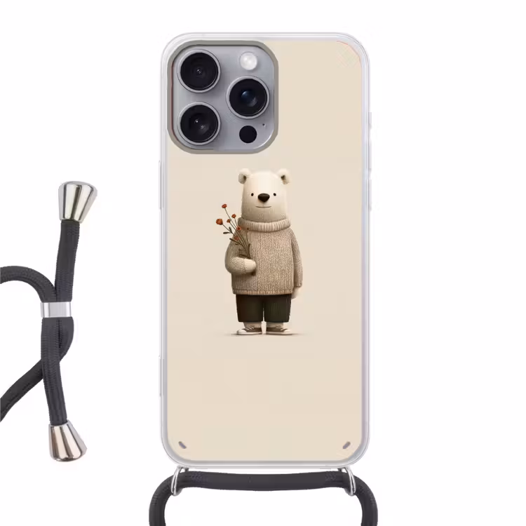 Knuffelbeer - Oranje bloemen - Vriendelijk Hoesje iPhone 16 Pro Max met koord klein -3d