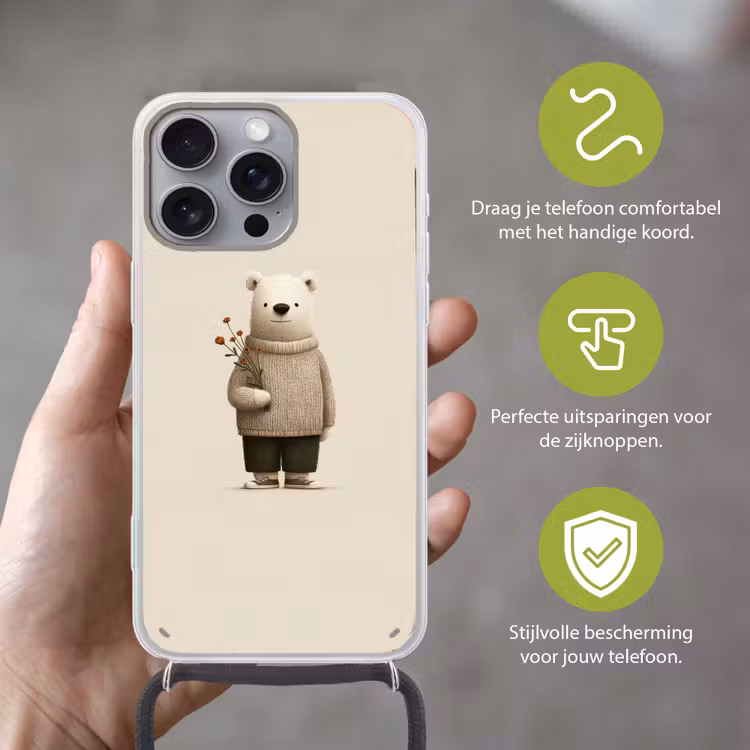 Knuffelbeer - Oranje bloemen - Vriendelijk Hoesje iPhone 16 Pro Max met koord klein -sfeer2_NL
