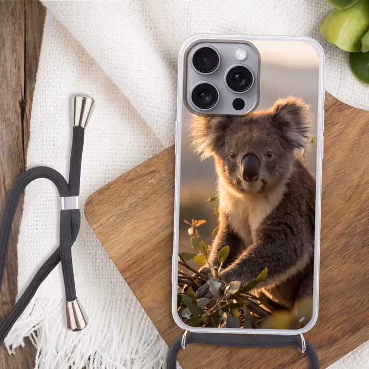 Koala - Bladeren - Ochtendlicht Hoesje iPhone 16 Pro Max met koord klein -sfeer4
