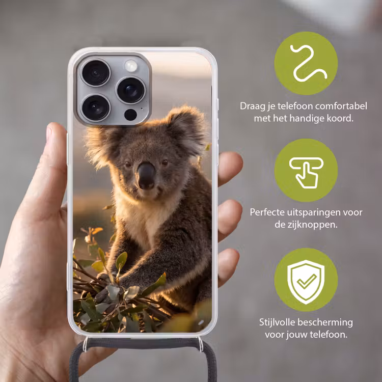 Koala - Bladeren - Ochtendlicht Hoesje iPhone 16 Pro Max met koord klein -sfeer2_NL