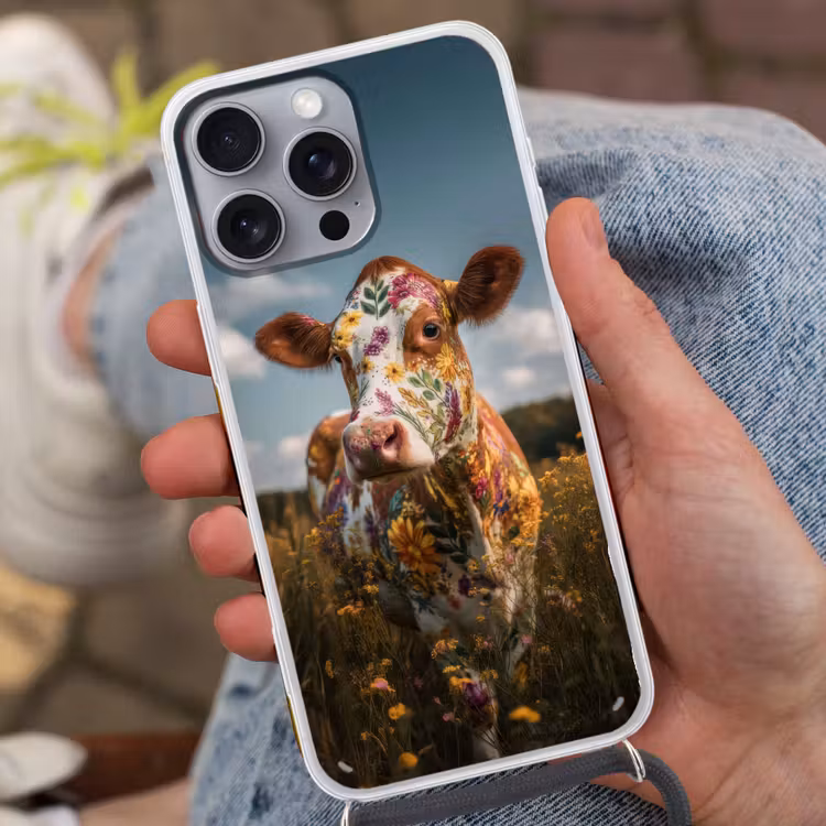 Koe - Bloemen - Weiland Hoesje iPhone 16 Pro Max met koord klein -sfeer3