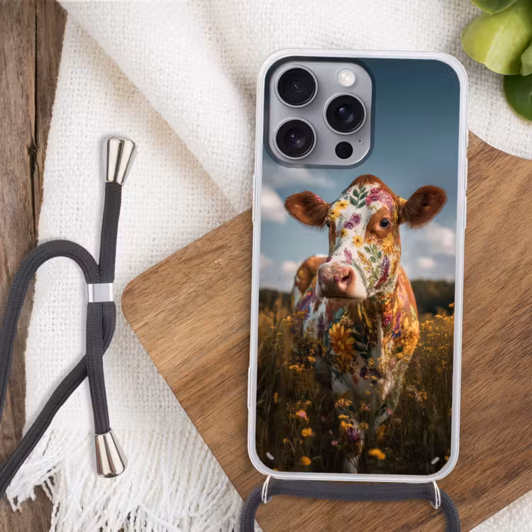Koe - Bloemen - Weiland Hoesje iPhone 16 Pro Max met koord klein -sfeer4