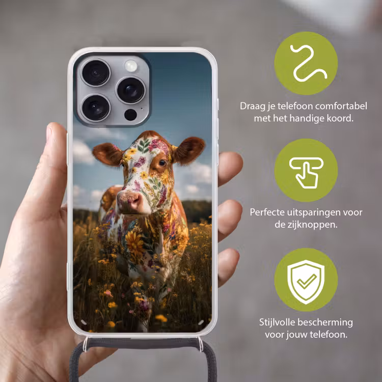 Koe - Bloemen - Weiland Hoesje iPhone 16 Pro Max met koord klein -sfeer2_NL