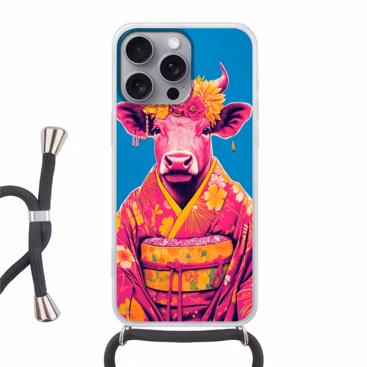 Koe - Bloemenkrans - Oorhangers - Kimono Hoesje iPhone 16 Pro Max met koord klein -3d