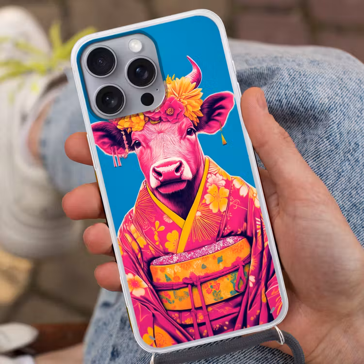 Koe - Bloemenkrans - Oorhangers - Kimono Hoesje iPhone 16 Pro Max met koord klein -sfeer3