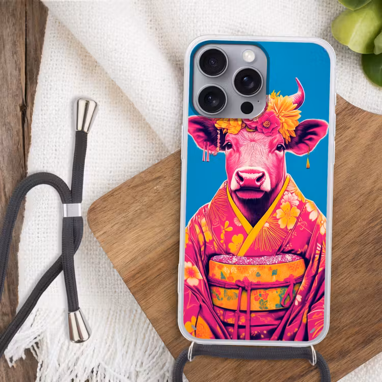 Koe - Bloemenkrans - Oorhangers - Kimono Hoesje iPhone 16 Pro Max met koord klein -sfeer4