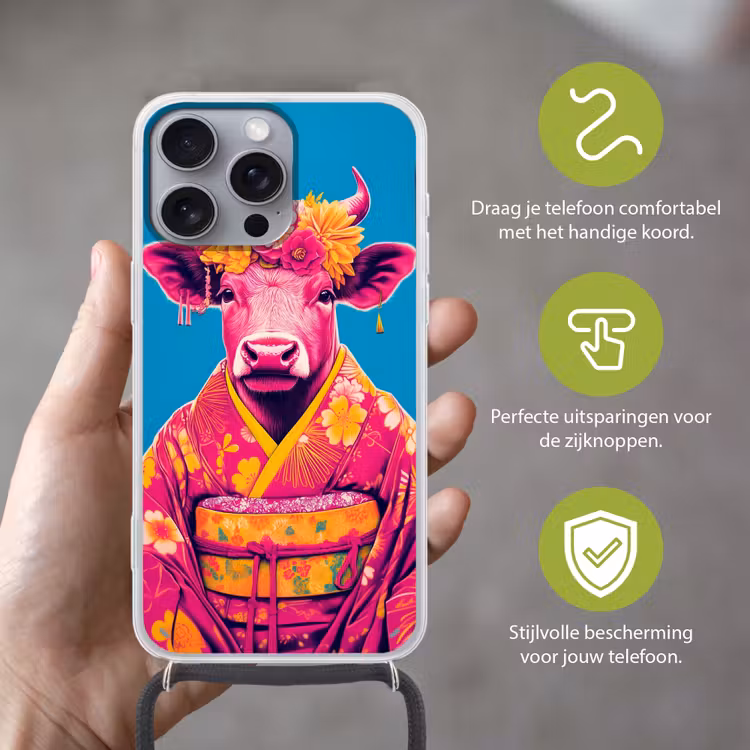 Koe - Bloemenkrans - Oorhangers - Kimono Hoesje iPhone 16 Pro Max met koord klein -sfeer2_NL