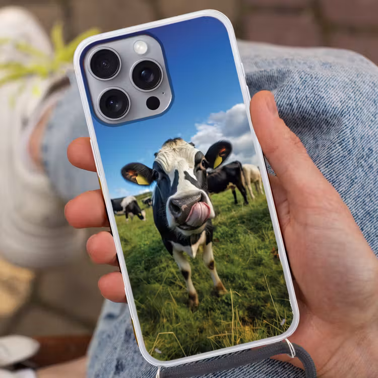 Koe - Tong - Weide Hoesje iPhone 16 Pro Max met koord klein -sfeer3