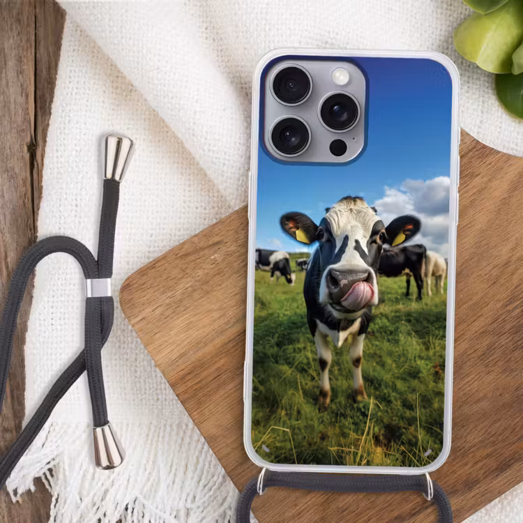 Koe - Tong - Weide Hoesje iPhone 16 Pro Max met koord klein -sfeer4