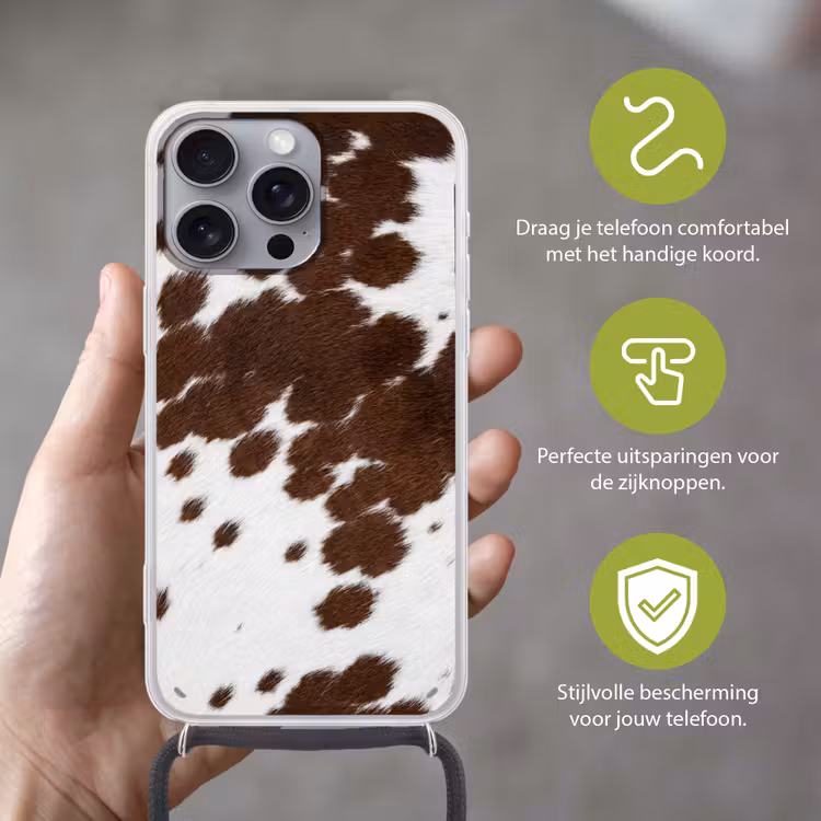 Koeienhuid - Klassiek - Bruin Hoesje iPhone 16 Pro Max met koord klein -sfeer2_NL