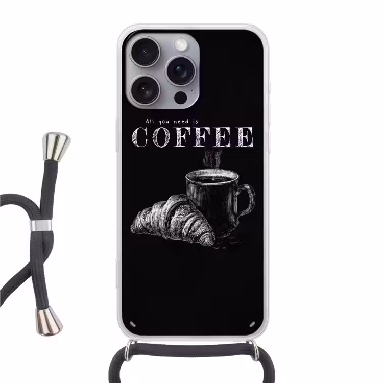 Koffie - Croissant - Tekst Hoesje iPhone 16 Pro Max met koord klein -3d
