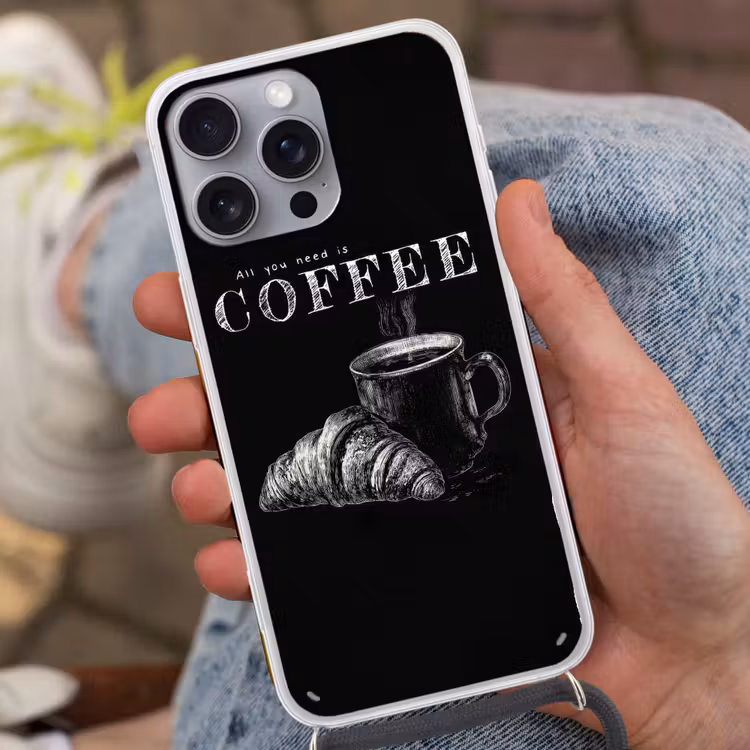 Koffie - Croissant - Tekst Hoesje iPhone 16 Pro Max met koord klein -sfeer3