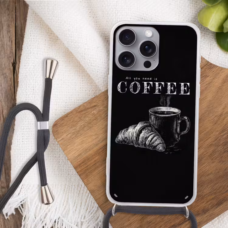 Koffie - Croissant - Tekst Hoesje iPhone 16 Pro Max met koord klein -sfeer4