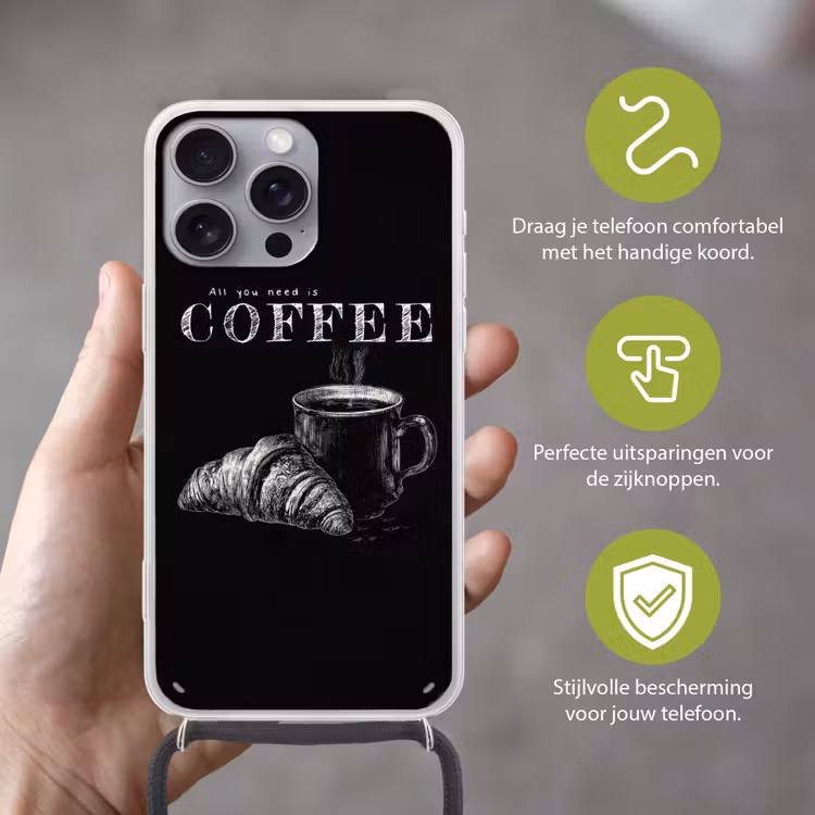 Koffie - Croissant - Tekst Hoesje iPhone 16 Pro Max met koord klein -sfeer2_NL