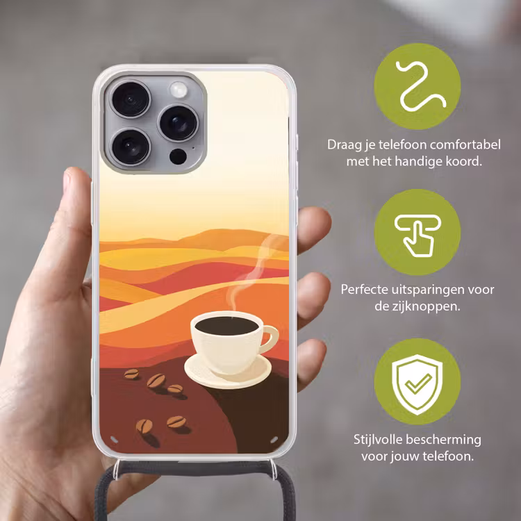 Koffie - Landschap - Oranje - Koffiebonen Hoesje iPhone 16 Pro Max met koord klein -sfeer2_NL