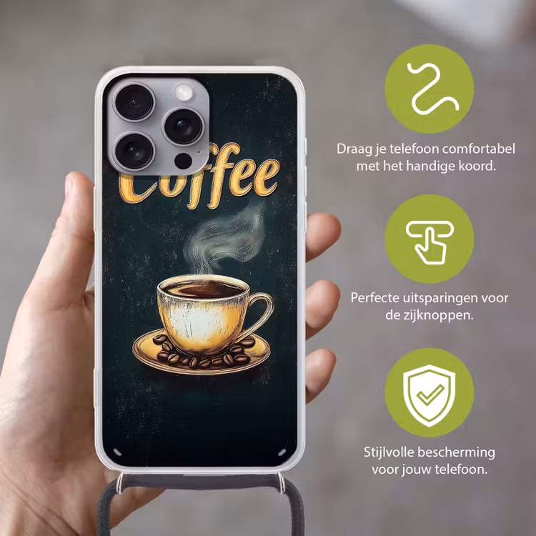 Koffie - Schotel - Koffiebonen - Retro Hoesje iPhone 16 Pro Max met koord klein -sfeer2_NL